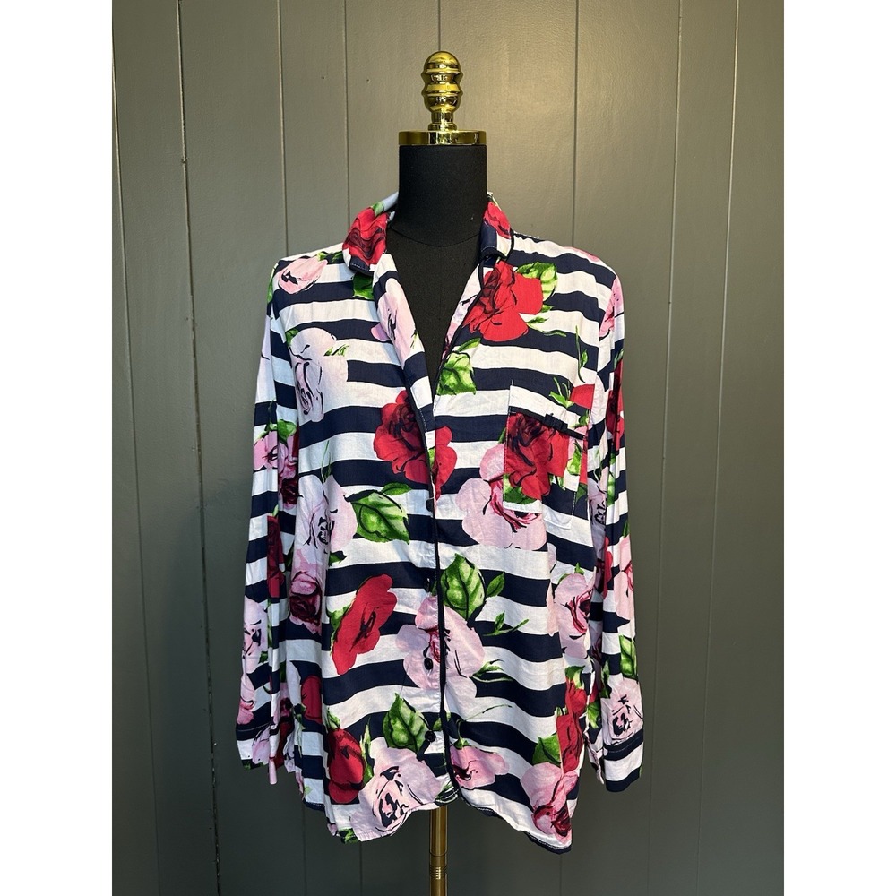Kate Spade Roses Stripe Pink Floral Navy Blue Striped‎ Pajama Button Top L Large